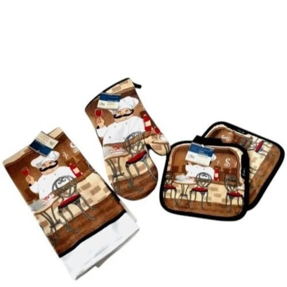 4 PIECE SET (1) Oven Mitt (2) Pot Holders (1) Kitchen Towel Italian Chef Design